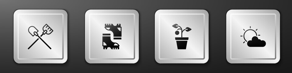 Set Shovel, Waterproof rubber boot, Plant in pot and Sun and cloud weather icon. Silver square button. Vector