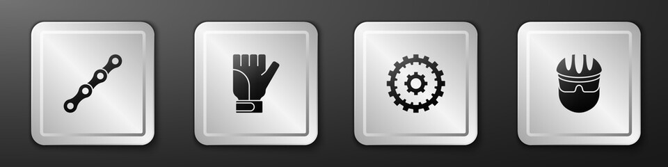Set Bicycle chain, Gloves, cassette and helmet icon. Silver square button. Vector