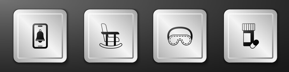 Set Emergency phone call, Rocking chair, Eye sleep mask and Medicine bottle and pills icon. Silver square button. Vector
