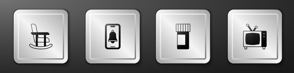 Set Rocking chair, Emergency phone call, Medicine bottle and pills and Retro tv icon. Silver square button. Vector
