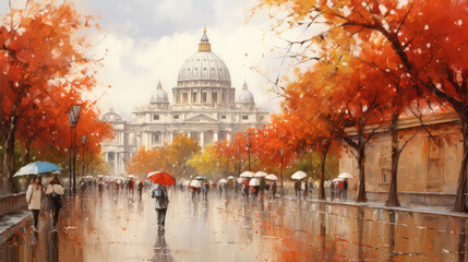 oil painting on canvas, street view of Vatican. Artwork. Big ben. man and woman under a umbrella. Tree. Italy (ai generated) - obrazy, fototapety, plakaty