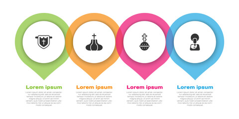 Set Flag with christian cross, Church tower, Christian and Jesus. Business infographic template. Vector