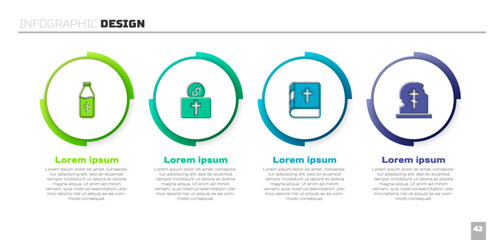 Set Holy water bottle, Donation for church, bible book and Grave with tombstone. Business infographic template. Vector