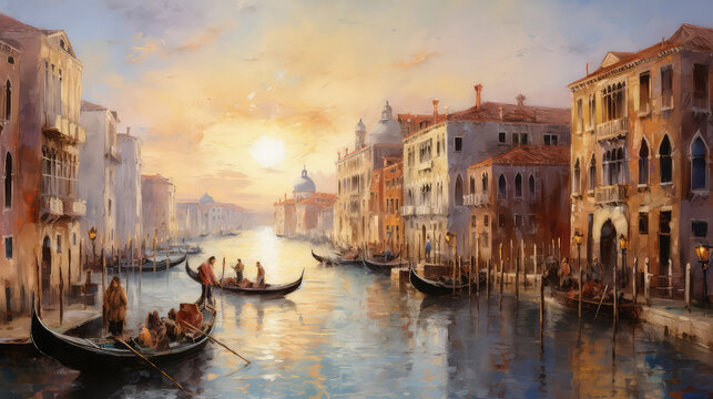 An oil painting of Venetian architecture and water canal in Venice at sunset, Italy. (ai generated)