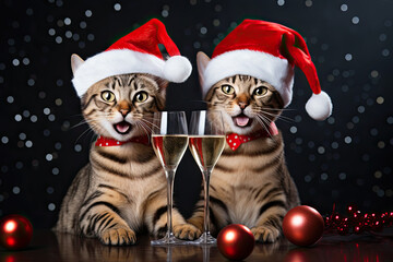 Funny cats wearing Santa Claus hats and celebrating Christmas with champagne