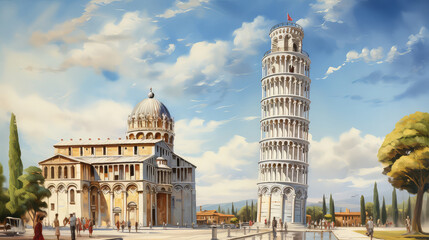 oil painting on canvas, Pisa tower in the blue sky day. Italy. (ai generated)