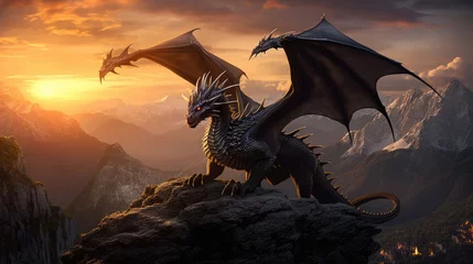 Foto op Canvas Photo realistic, beautiful majestic black dragon, opulent, mountain background sunset © Sasint