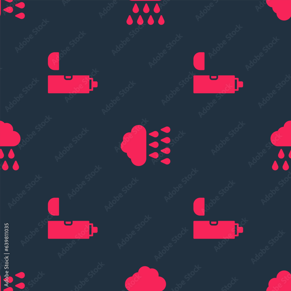 Poster set thermos container and cloud with rain on seamless pattern. vector