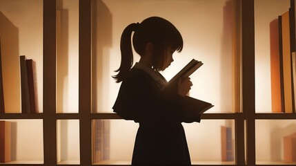 図書館、本を読む女の子｜library, girl reading a book. Generative AI