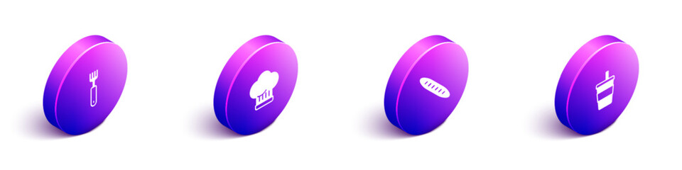 Set Isometric Fork, Chef hat, French baguette bread and Paper glass with water icon. Vector