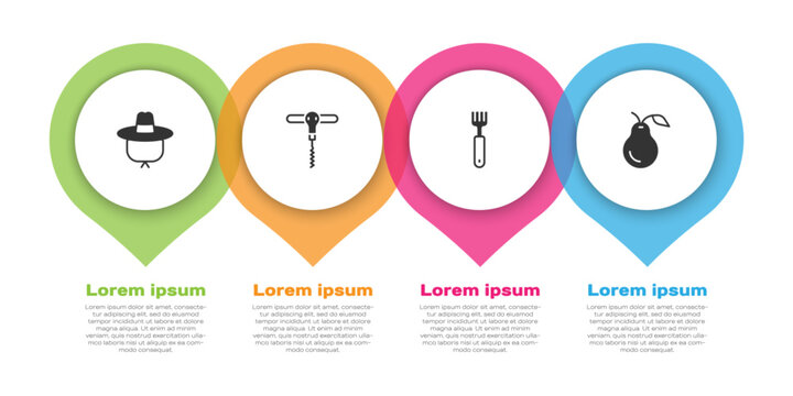 Set Camping Hat, Wine Corkscrew, Fork And Pear. Business Infographic Template. Vector