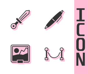 Set Rope barrier, Medieval sword, Picture and Pen icon. Vector