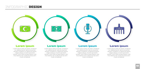 Set Stacks paper money cash, Classic carpet, Microphone and Hairbrush. Business infographic template. Vector