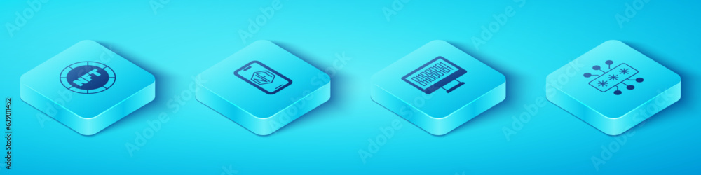 Poster set isometric nft digital crypto art, mobile with store app, cyber security and binary code icon. ve