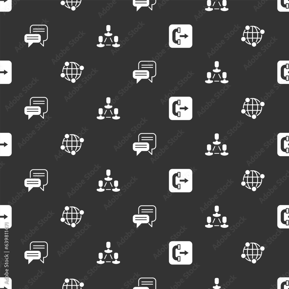 Poster set outgoing call phone, global technology, speech bubble chat and employee hierarchy on seamless pa
