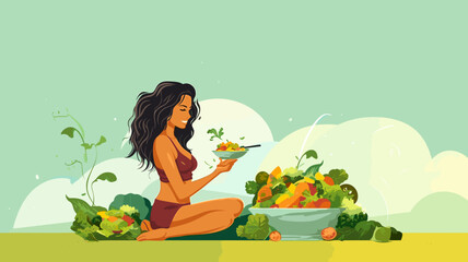 vector illustration, flat design, Young woman eating a healthy salad after workout. Fitness and healthy lifestyle concept. Concept of heatly food, preventive healthcare