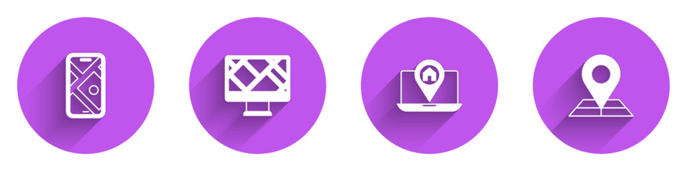 Set City map navigation, Monitor with location, and Folded marker icon with long shadow. Vector