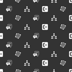 Set Outgoing call phone, Global technology, Speech bubble chat and Employee hierarchy on seamless pattern. Vector