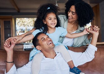 Family, parents and child, happiness and bonding with girl on dad shoulders at home, love and trust...