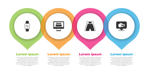 Set Smart watch with heart, Boxing ring, short and glove. Business infographic template. Vector