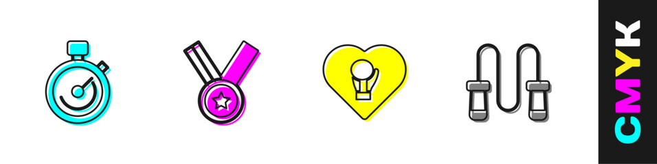 Set Stopwatch, Medal, Boxing glove and Jump rope icon. Vector