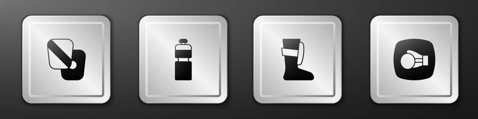 Set Boxing training paws, Fitness shaker, Sport boxing shoes and glove icon. Silver square button. Vector