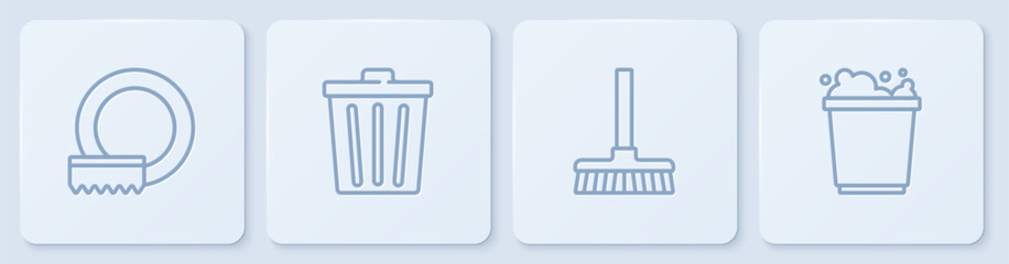 Set line Washing dishes, Handle broom, Trash can and Bucket with foam. White square button. Vector