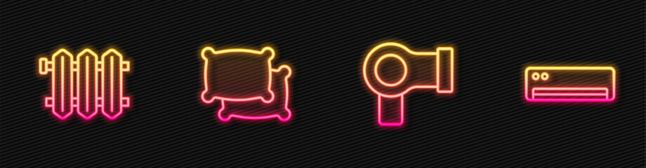 Set line Hair dryer, Heating radiator, Pillow and Air conditioner. Glowing neon icon. Vector
