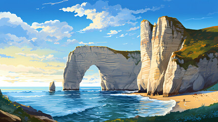 Panoramic view of the beach of Etretat in Normandy, France - obrazy, fototapety, plakaty