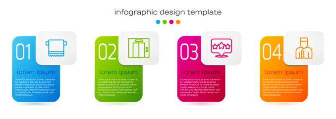Set line Towel on hanger, Lift, Five stars rating review and Concierge. Business infographic template. Vector
