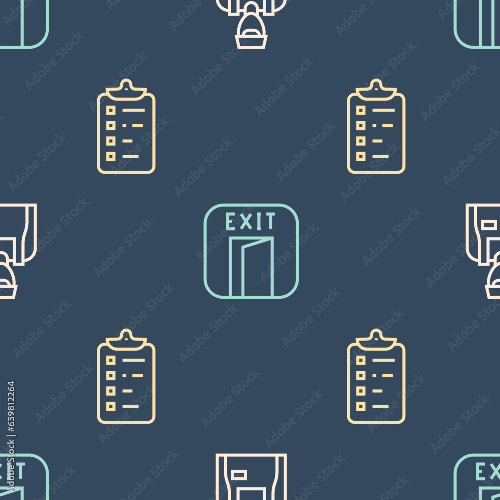 Poster set line seller, shopping list and fire exit on seamless pattern. vector