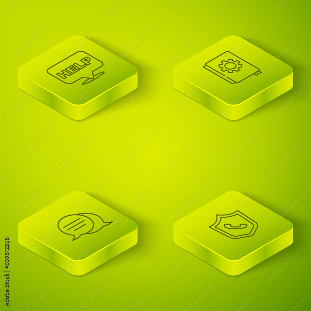 Poster set isometric line user manual, speech bubble chat, telephone 24 hours support and with text help ic