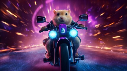 A hamster on a motorcycle rides through a neon tunnel.