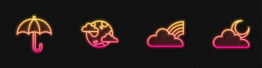Set line Rainbow with clouds, Umbrella, Earth planet and Cloud moon. Glowing neon icon. Vector