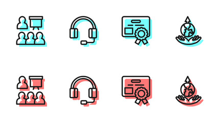 Set line Certificate template, Training, presentation, Headphones and World expansion icon. Vector