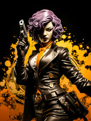 a woman spy with purple hair wearing black jacket holding pistol