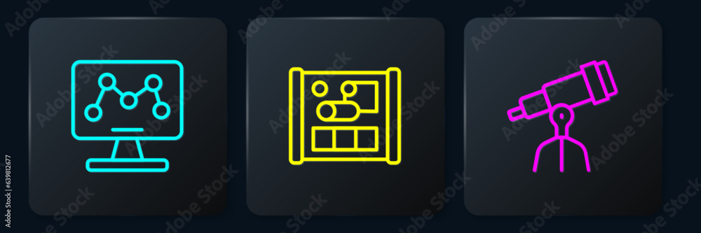 Poster set line genetic engineering, telescope and graphing paper for. black square button. vector