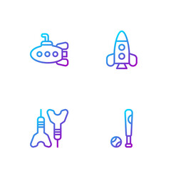 Set line Baseball bat with ball, Dart arrow, Submarine toy and Rocket ship. Gradient color icons. Vector