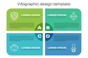 Set line Little boy head, Baby on shield, dummy pacifier and Whirligig toy. Business infographic template. Vector