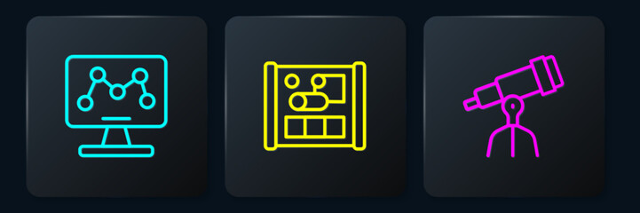 Set line Genetic engineering, Telescope and Graphing paper for. Black square button. Vector