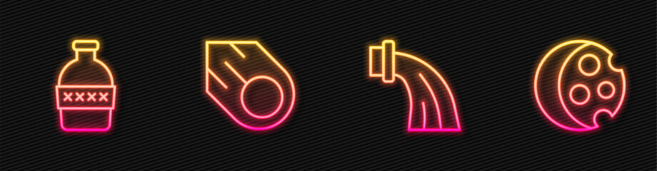 Set line Aquarius zodiac, Bottle of water, Comet and Eclipse the sun. Glowing neon icon. Vector