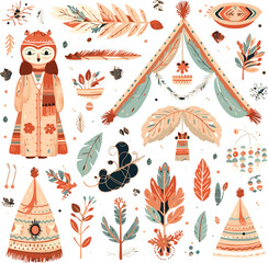 set of boho chirstmas elements illustration.
