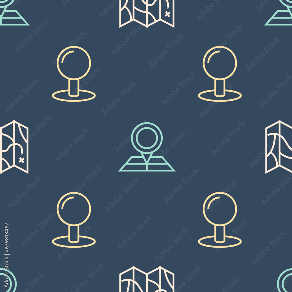 Poster set line folded map, push pin and with location marker on seamless pattern. vector