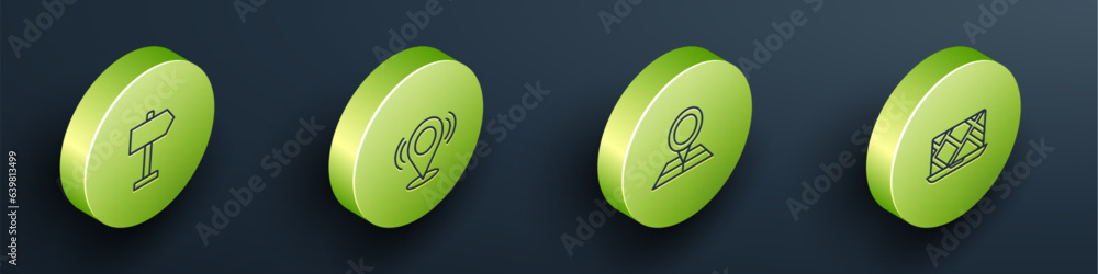Poster set isometric line road traffic sign, map pin, folded map with location marker and city navigation i