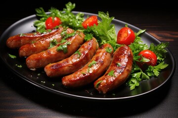 Grilled sausages with tomatoes and parsley, on a plate.