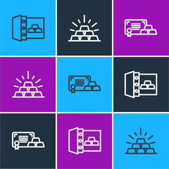 Set line Safe with gold bars, Gold certificate and icon. Vector