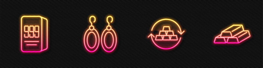 Set line Gold exchange money, bars 24k, Earrings and . Glowing neon icon. Vector