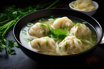 A bowl of steaming soup with dumplings and dill, garnished with fresh herbs
