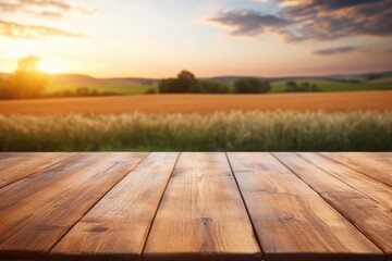 Fototapeta na wymiar Wooden table in front of a golden wheat field at sunset.