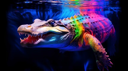 A crocodile swimming underwater is illuminated by a bright neon light.
